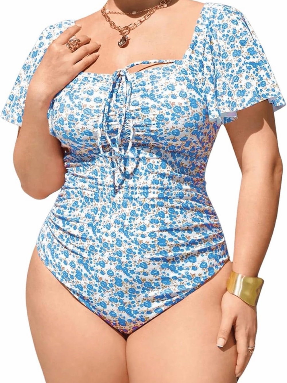 Blue and White Floral One-Piece Swimsuit